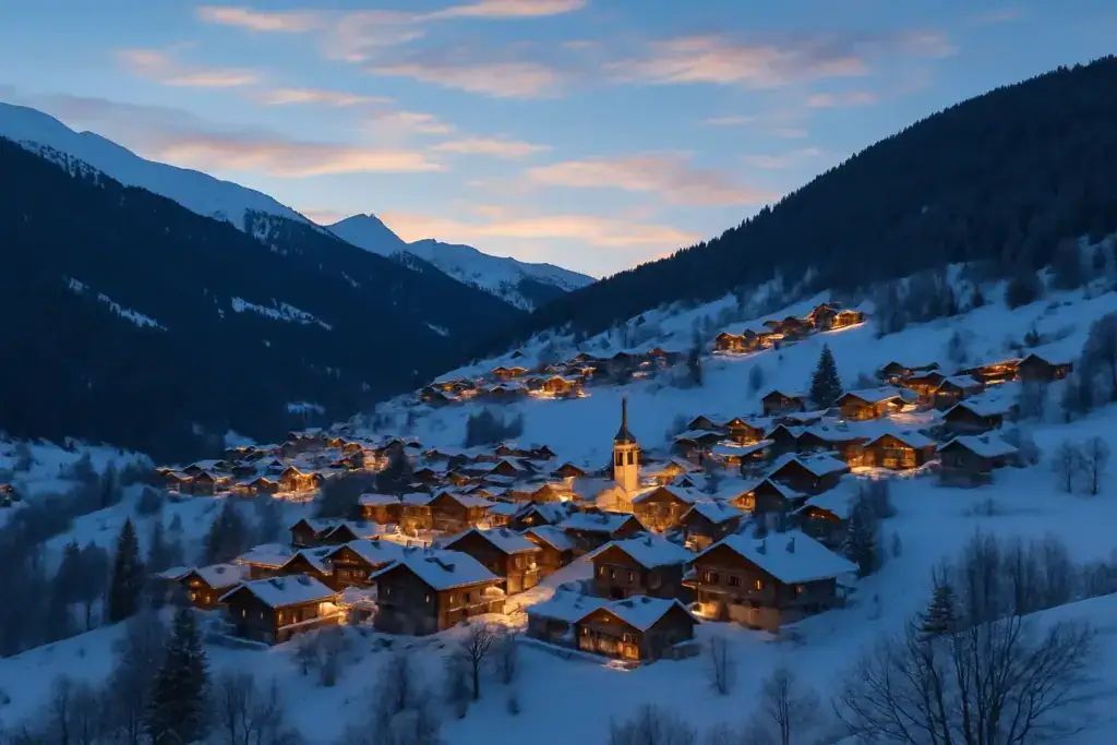 Traditional chalets and church illuminated at dusk in the authentic Alpine village of Les Allues near Méribel, home to La Petite Cachée in Les Trois Vallées.